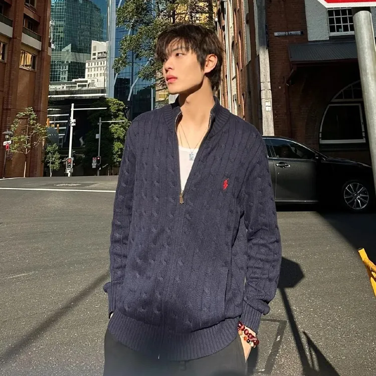 25秋冬伟霆同款RL全拉链小马刺绣经典宽松麻花高领男女同款可扫码