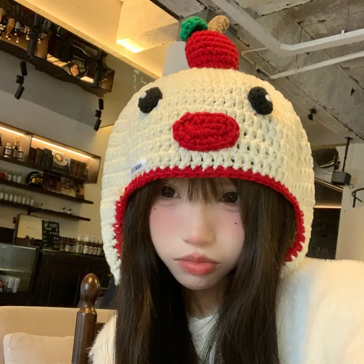 可爱小鸡针织帽子女款2025秋冬季新款毛线帽搞怪卡通大头围套头帽