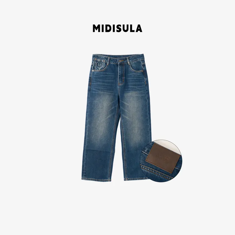 MDSL·新款时尚洋气慵懒复古高腰简约M字母百搭直筒牛仔裤#01919