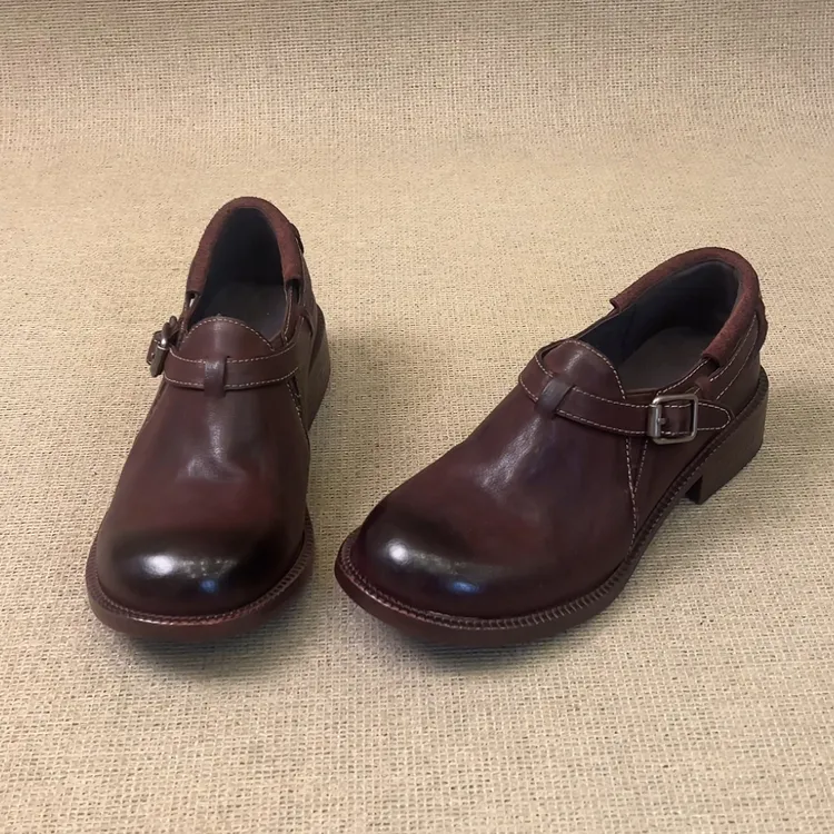 RubyL/3.5cm英伦复古风简约百搭皮带扣擦色圆头深口粗跟单鞋女款