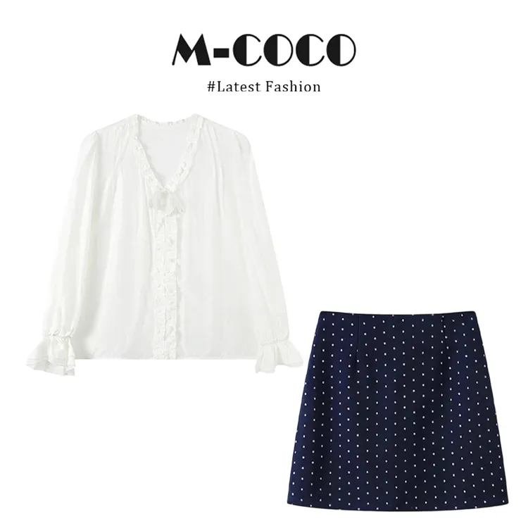 MARIE.COCO韩系轻职风蕾丝V领长袖衬衫上衣洋气波点半身裙两件套