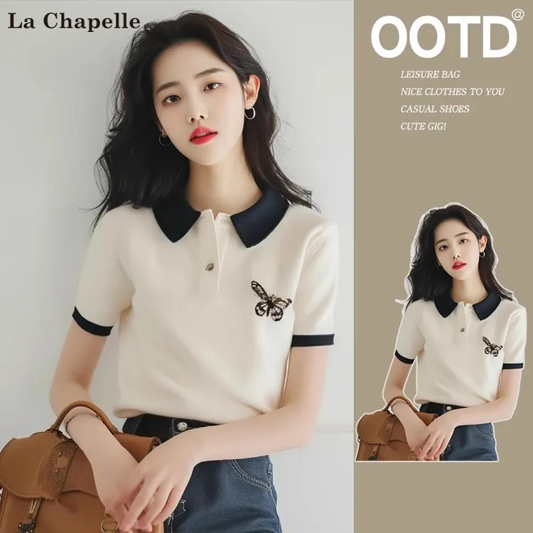 拉夏贝尔甜辣妹超好看撞色polo衫上衣设计感小众蝴蝶短袖t恤女夏