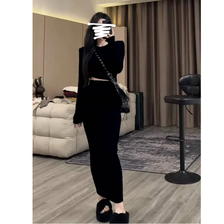 秋冬新款时尚磨毛套装女设计感小众长袖上衣高腰包臀半身裙两件套