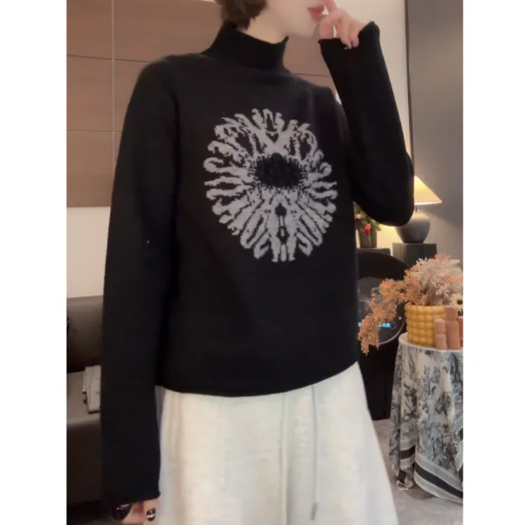 秋冬新款高领百搭气质显瘦高领提花时尚毛针织上衣LK2508985