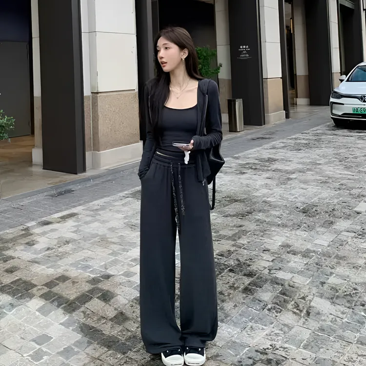 辣妹时尚套装女2025春秋网红纯欲性感吊带薄开衫阔腿裤休闲三件套