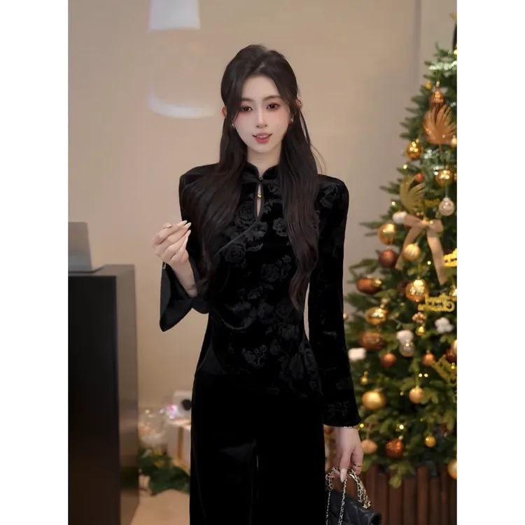 YUANLIANSU/圆脸酥【凛水绝弦】新中式复古盘扣喇叭袖丝绒衬衫女