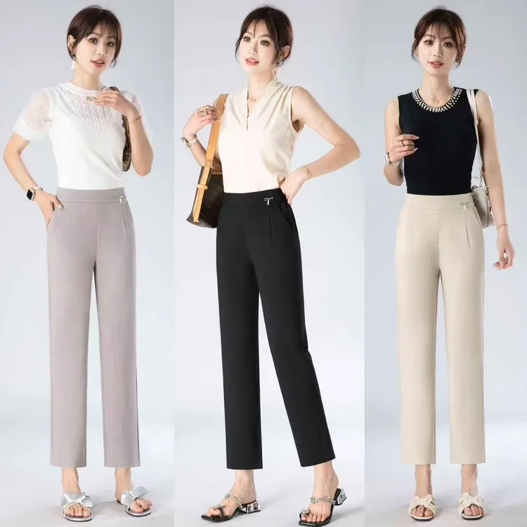 【专柜正品7】8106蚕 丝醋酸纤维天蚕丝棉麻烟管裤百搭休闲时尚米杏