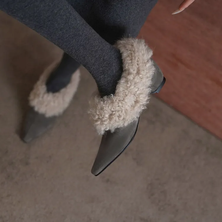 【唐唐家】法式老钱风复古深口毛毛鞋女冬季羊羔毛内增高尖头单鞋女