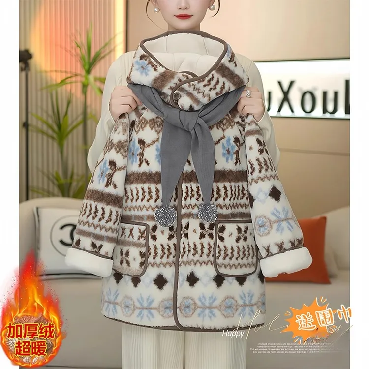 女童费尔岛加绒毛毛大衣2025新款秋冬北极男童加厚加绒中长款外套