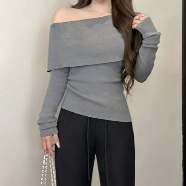 大码女装韩系灰色斜肩一字领针织衫上衣秋季修身巨显瘦内搭打底衫