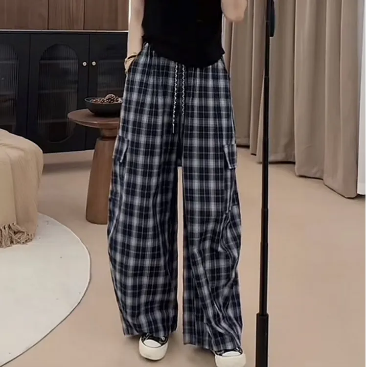 今年流行超好看薄款格子阔腿裤女2025早秋高腰显瘦弯刀裤休闲裤子