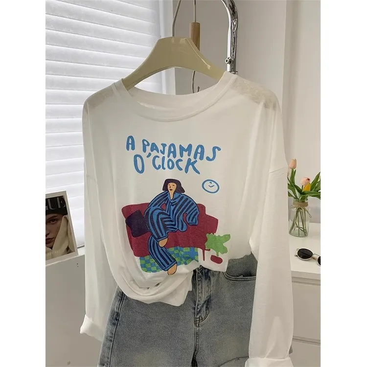 防晒衣女夏季新款薄款冰爽透气宽松休闲卡通圆领长袖外搭防晒罩衫