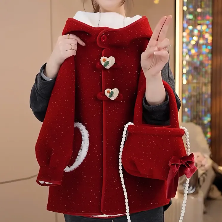 女童呢大衣冬季2025新款儿童红色连帽拜年服韩版女孩加绒外套洋气