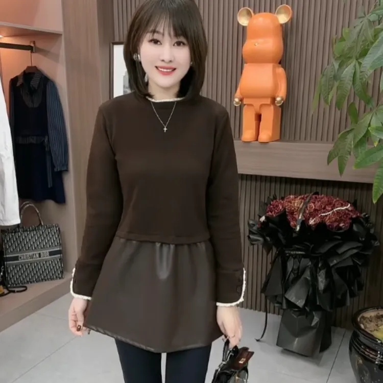 秋冬季时尚花边撞色洋气磨毛加绒拼皮上衣裙蛋白皮打底连体裙女潮