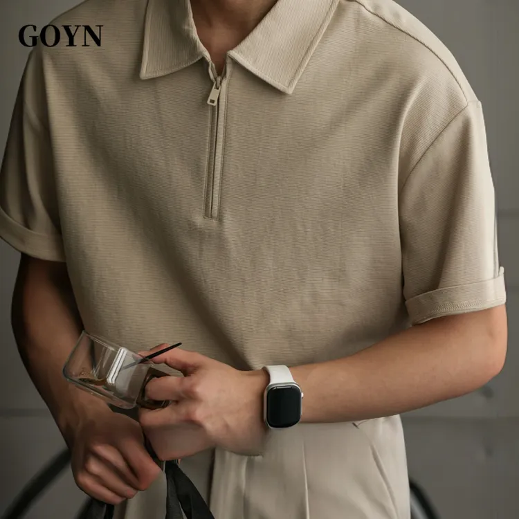 GOYN夏季轻奢潮流男士半拉链polo衫宽松透气男装百搭休闲翻领T恤 