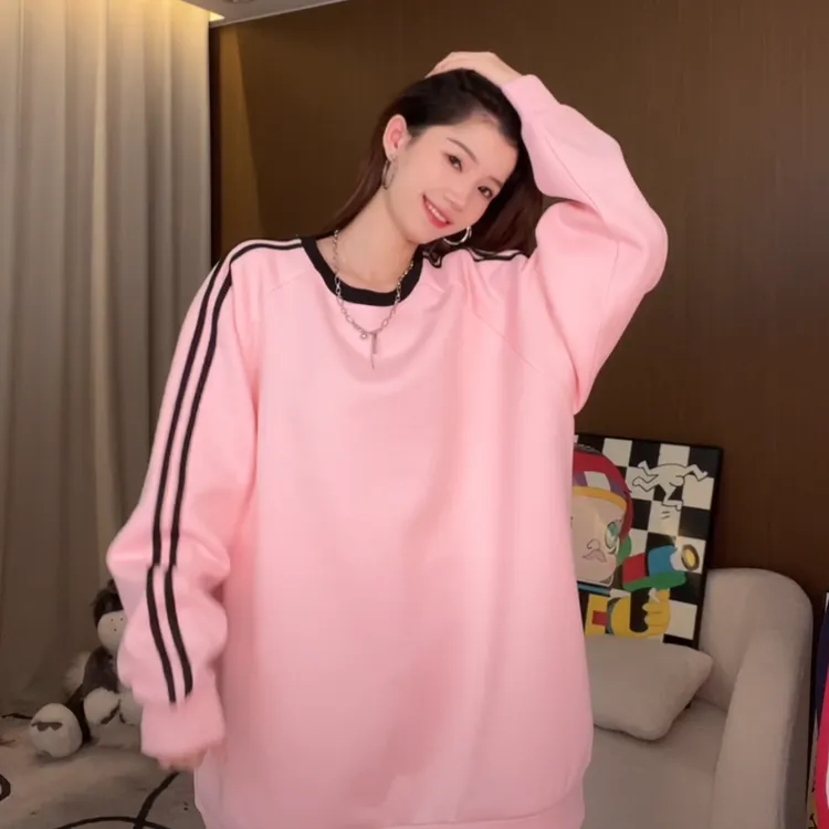 2025秋冬中长款新款遮屁股织带休闲慵宽百搭长袖圆领卫衣70006