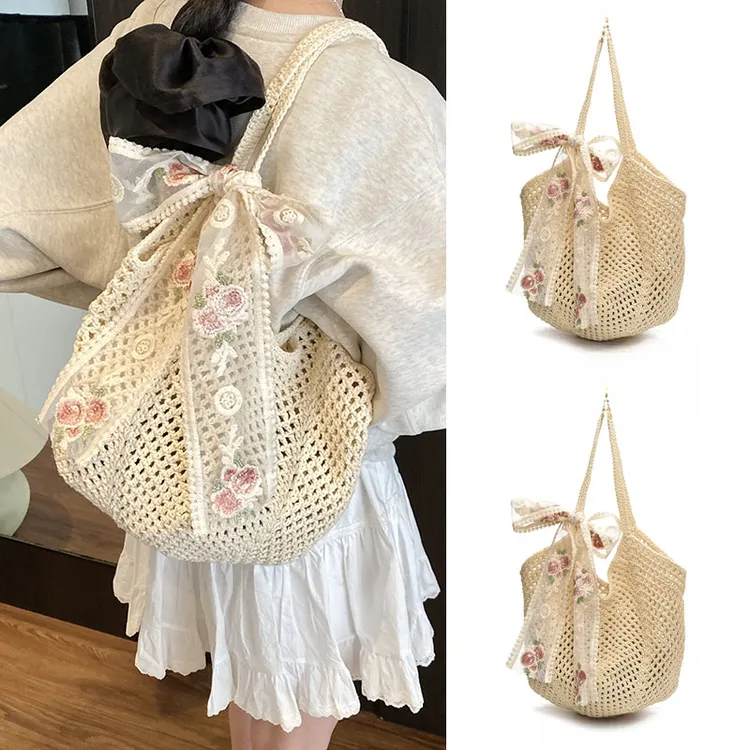 夏天高级感通勤编织海边沙滩草编包女2025新款米色镂空单肩针织包