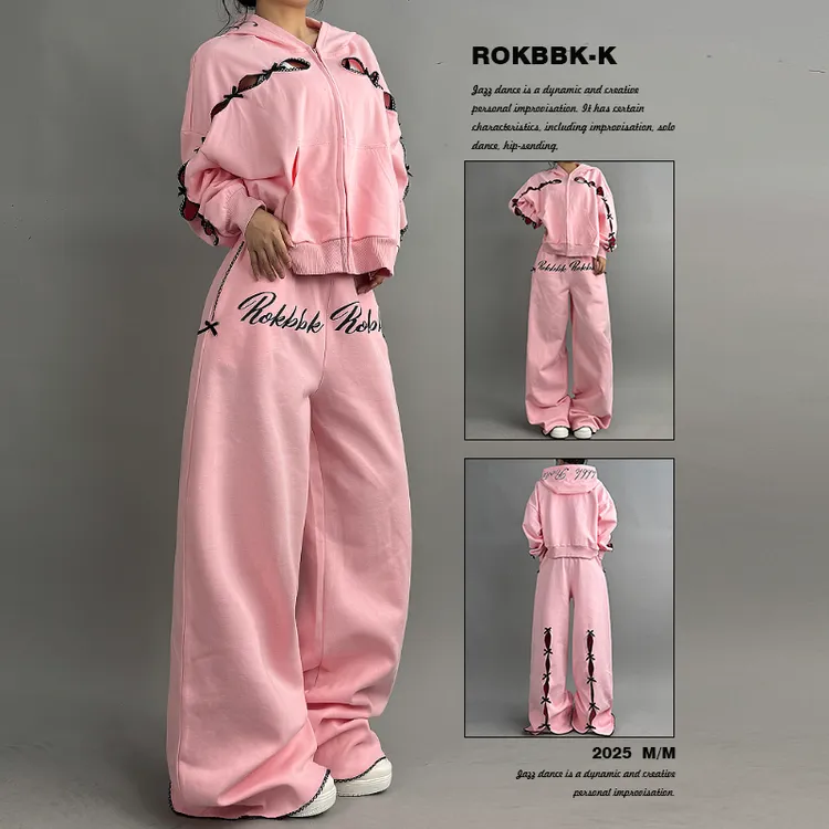 ROKBBK-K布韩街舞潮牌美式辣妹字母拉链长袖粉色蝴蝶结套装爵士舞