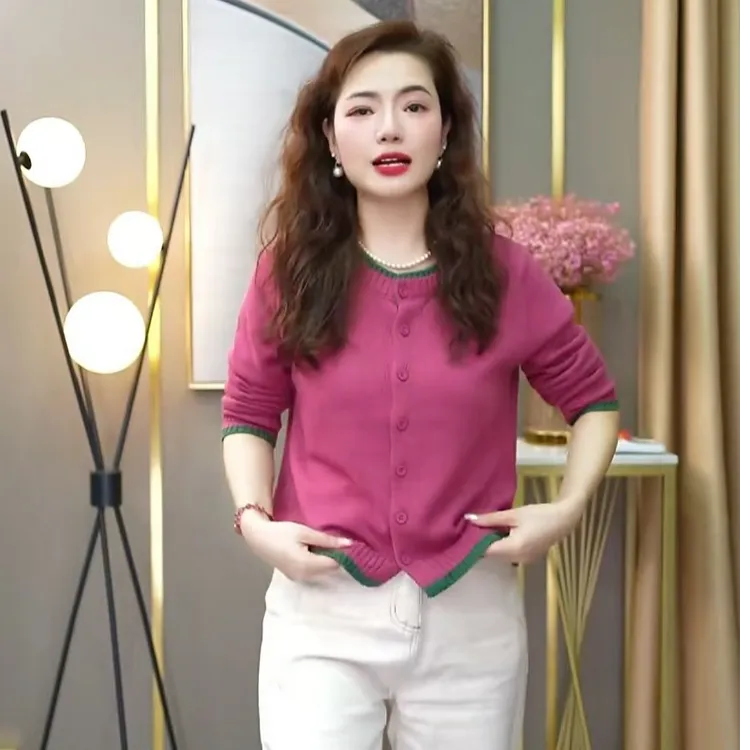 【老板娘专属】拼色假两件圆领棉线女士春秋宽松时尚长袖针织衫外套