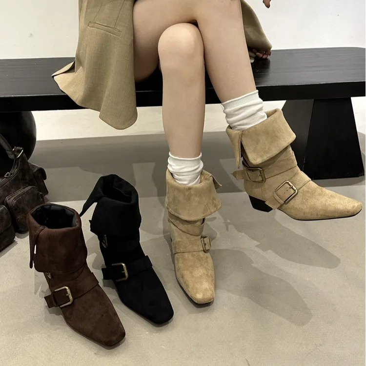 GUO-110-1新款小众设计复古法式短靴小方头西部靴麂皮中筒靴女靴