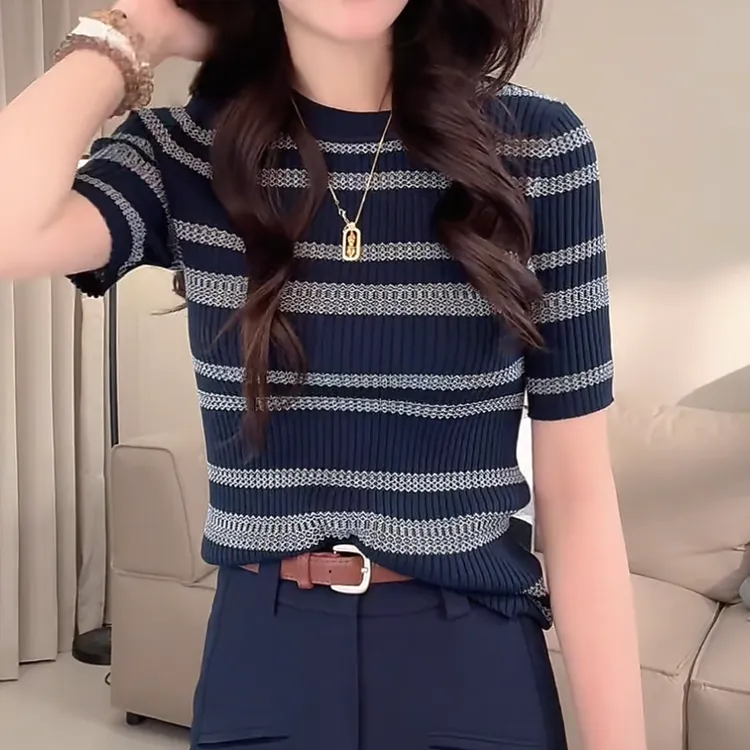 夏季休闲百搭条纹撞色圆领针织衫打底短袖上衣女显瘦气质时尚9072