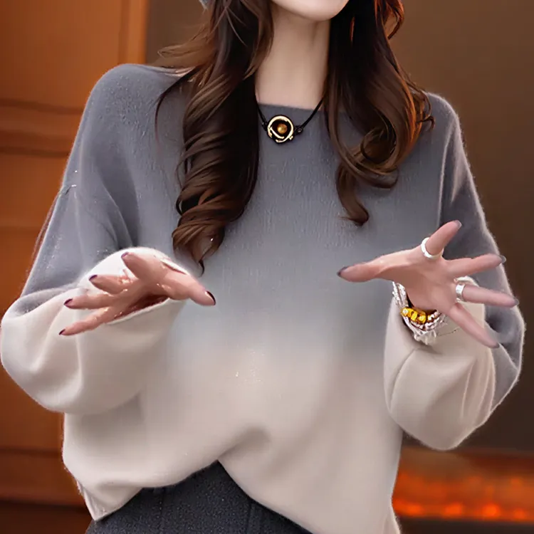 松弛感慵懒风时尚纯色渐变长袖针织衫女设计感小众别致气质上衣潮