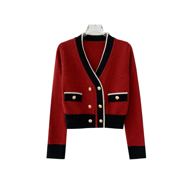 6133秋冬季休闲V领撞色短款长袖毛衣开衫外套女修身百搭女