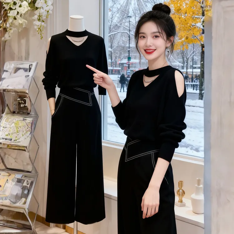 大码女装黑色挂脖镂空露肩毛衣针织衫秋冬新款宽松内搭打底衫上衣