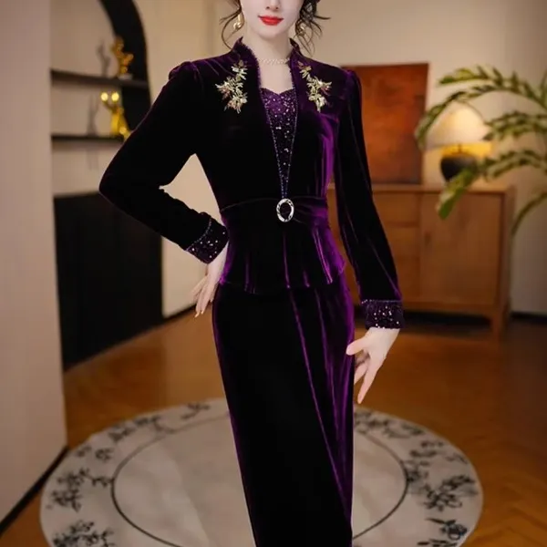 【星紫蝶舞】2025秋季新款收腰显瘦洋气减龄轻奢女人味丝绒连衣裙