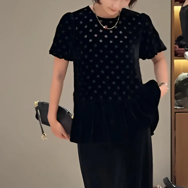 KIKI严选：5128-X原家欧货南油秋季波点飘带拼接丝上衣小衫设计师