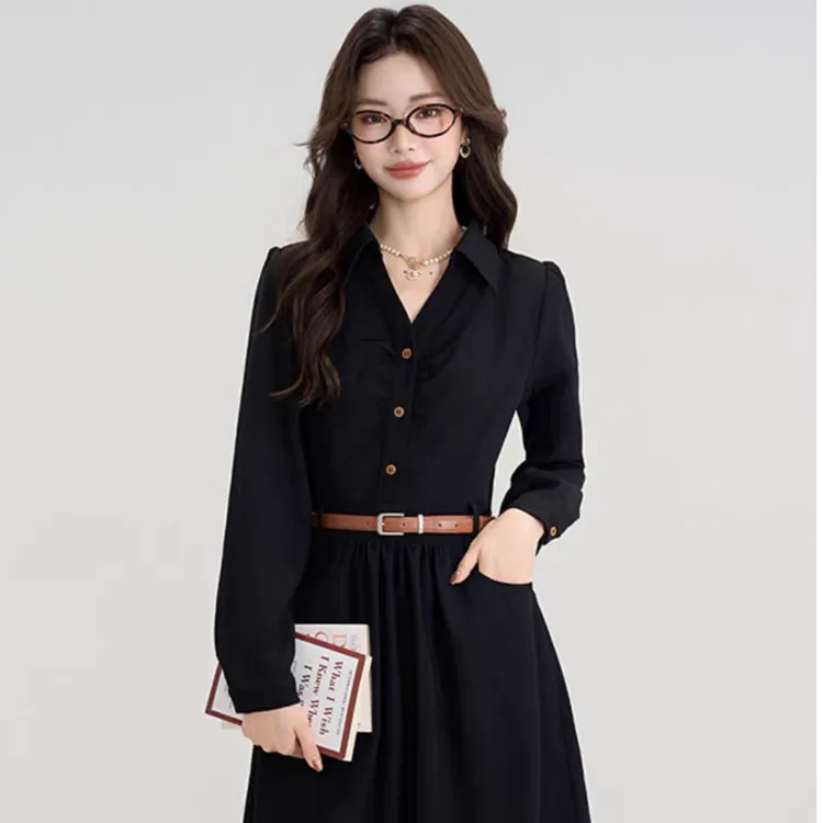 （80-200斤）法式气质衬衫裙赫本风小黑裙女秋季新款连衣裙1942