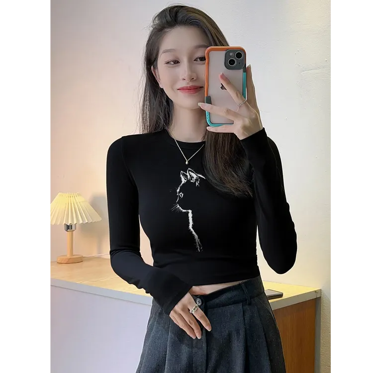 新款猫咪印花辣妹圆领短款收腰紧身长袖t恤女春秋季棉内搭打底衫
