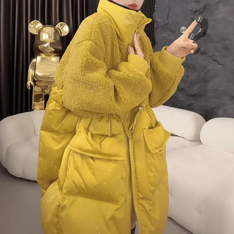 拼接毛毛棉衣外套女冬季2026新款时髦宽松休闲中长款加厚保暖棉服