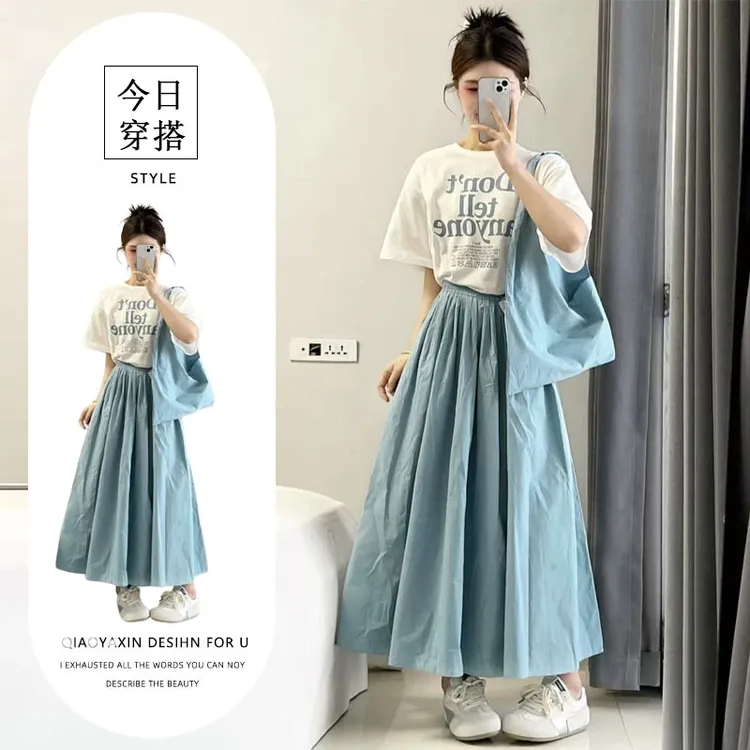 2025超火穿搭一整套韩系简约百搭印花T恤上衣高腰a字百褶裙两件套