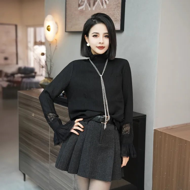 POPULARYW【聆听】法式高领袖口蕾丝镂空钩花纯色衬衣