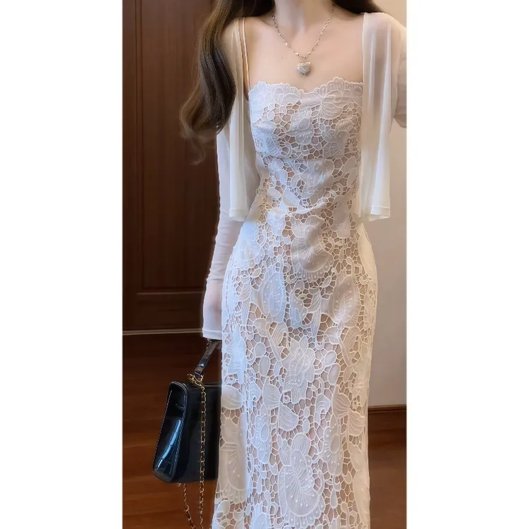 【巴塞之花】秋季白色性感蕾丝镂空刺绣吊带连衣裙收腰气质长裙9774