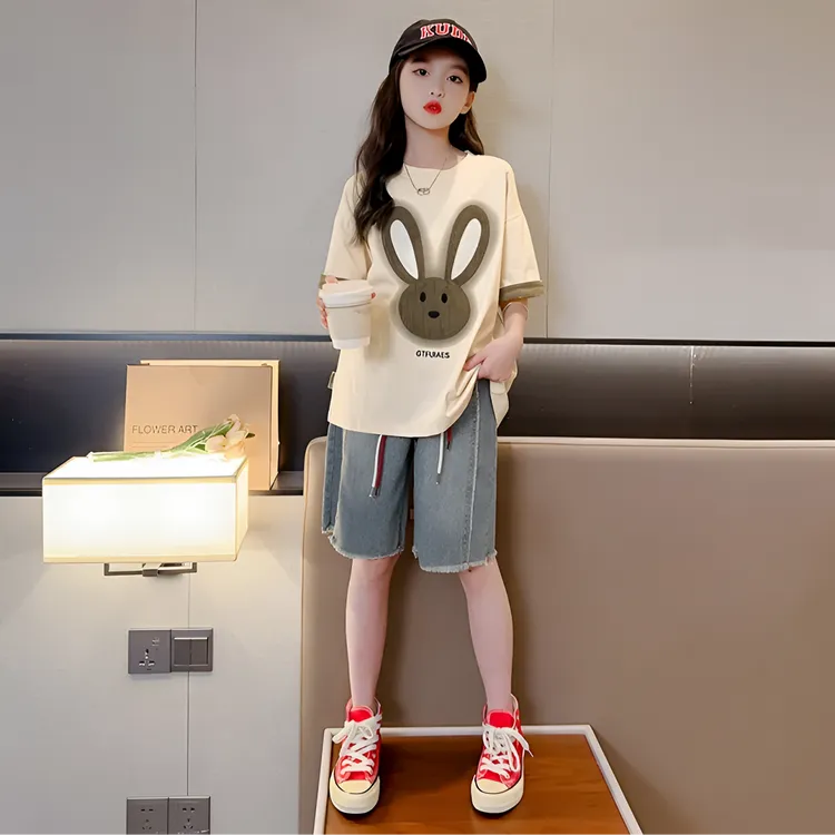 女童夏季洋气时尚短袖15中大儿童运动女孩休闲牛仔潮款短裤夏装