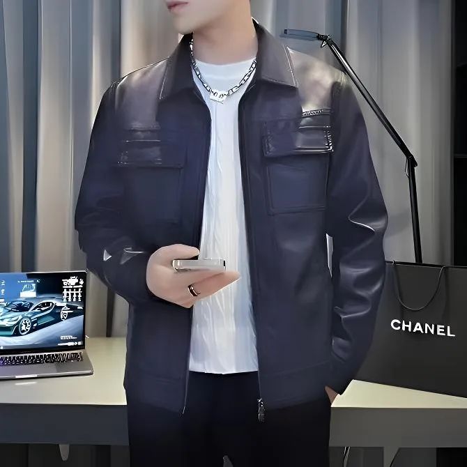 美式港风皮夹克巴黎秋季2025新款男士修身纯色翻领皮网红款男装