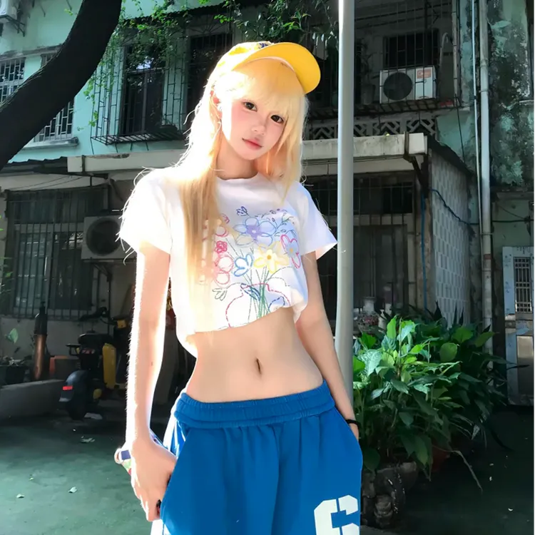 美式正肩t恤女夏季花朵印花圆领短袖学院风上衣辣妹休闲阔腿裤子