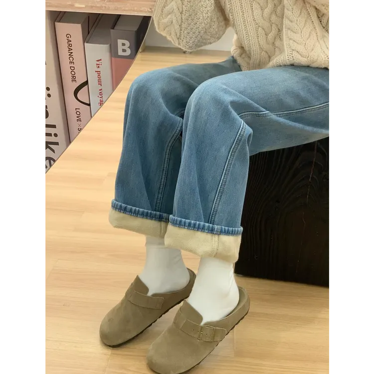 秋冬加绒复古浅蓝宽松阔腿牛仔裤女窄版小个子拖地裤直筒长裤显瘦