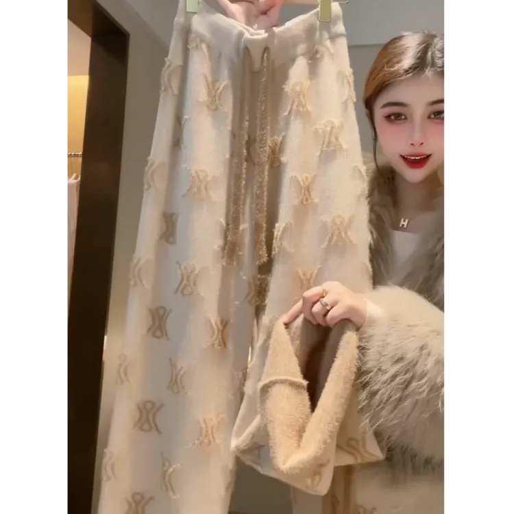 自留推荐爆款提花针织阔腿裤女秋冬新款柔软保暖加厚加绒休闲裤子