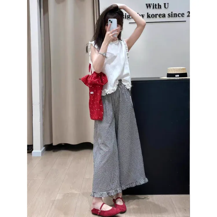 2025超火夏装小个子独特漂亮白色木耳边无袖衬衫格子阔腿裤套装女