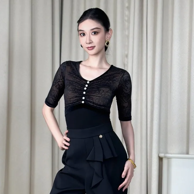 新款女士摩登舞双人舞上衣交谊舞蹈服装国标舞衣吉特巴练功服W75