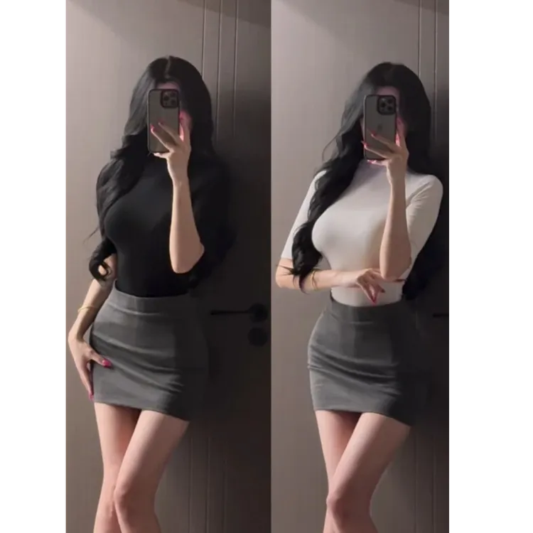 纯欲御姐风性感修身显瘦上衣女气质高腰灰色包臀短裙两件套装