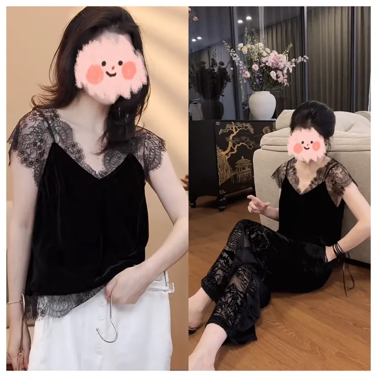 夏季设计感v领蕾丝拼接丝绒上衣重工镂空烧花休闲直筒裤气质套装