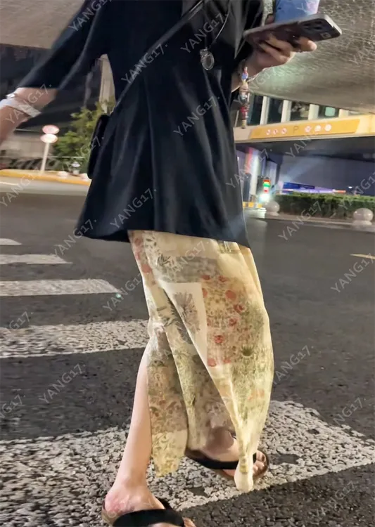 10晚7点上新绿野仙踪”清凉亚麻后开叉直喷印花 松紧腰抽绳半身裙3