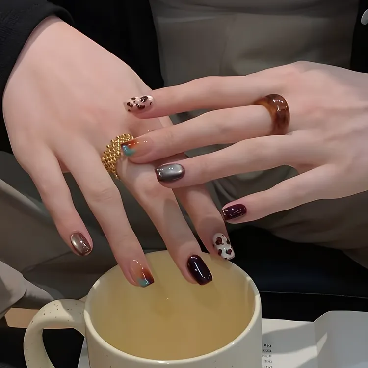 【琥珀流光】秋冬爆款手工穿戴甲玻璃珠豹纹晕染可拆卸美甲10片装