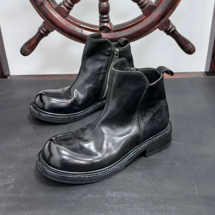 【钦锘轻奢】水洗马皮真皮底圆头短靴秋冬女士欧美风缝制内拉链靴子