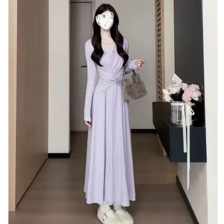 法式温柔风V领绑带收腰连衣裙女长裙小个子高级感气质裙