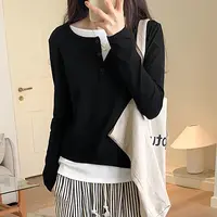 假两件黑色t恤女春秋季宽松显瘦拼接纽扣上衣INS风长袖针织打底衫